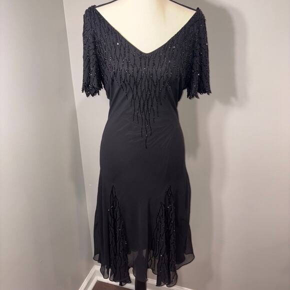J Kara Dresses & Skirts - VNTG J Kara 90s Fairycore Black Beaded Mesh Dress Flutter Sleeves asymmetrical